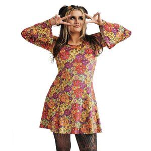 Sourpuss Size Small Retro Pumpkin Halloween Mini Dress Stretch Goth Bell Sleeve